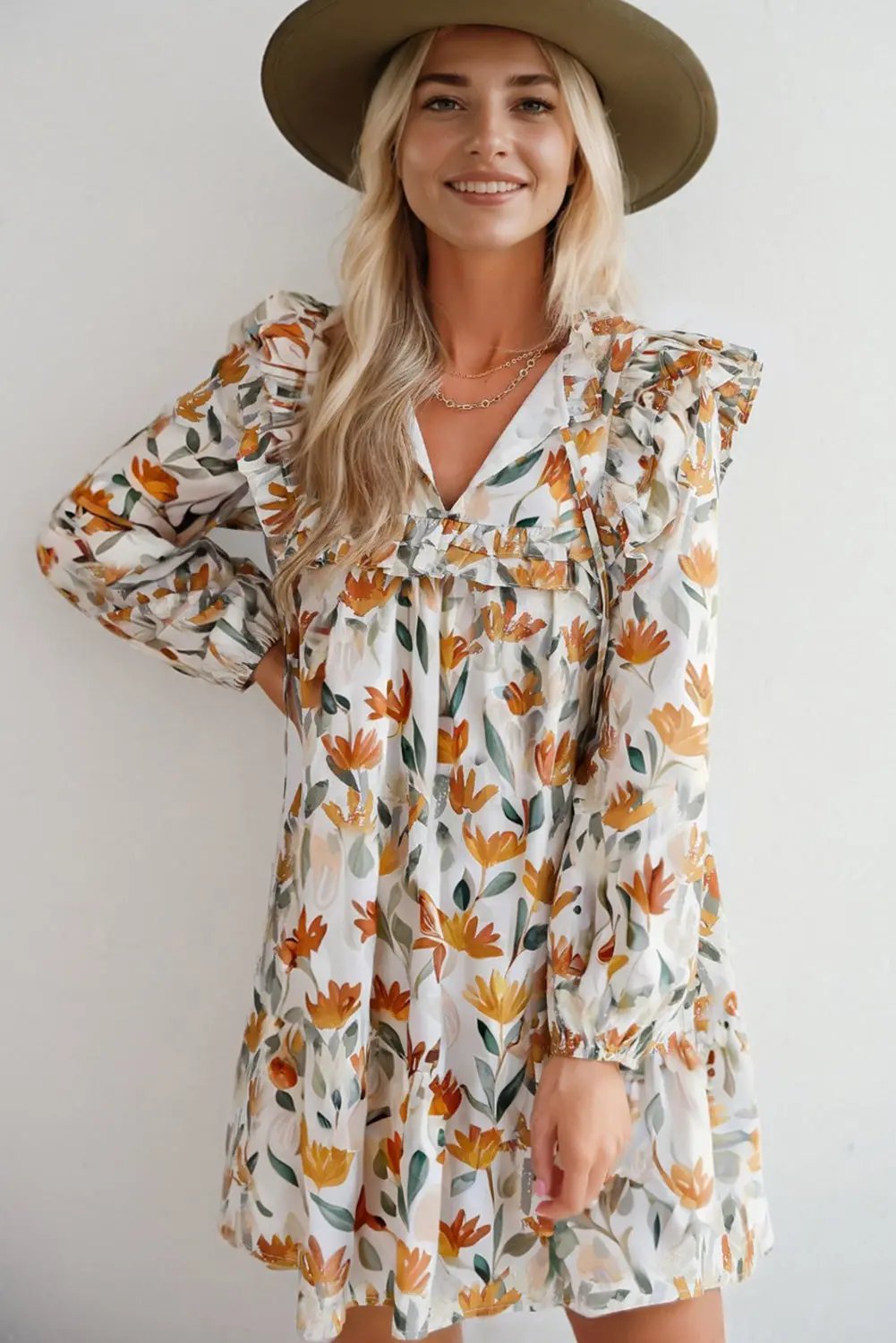Yellow Floral Print Tie Neck Frilled Long Sleeve Mini Dress Dear-Lover Dropshipping